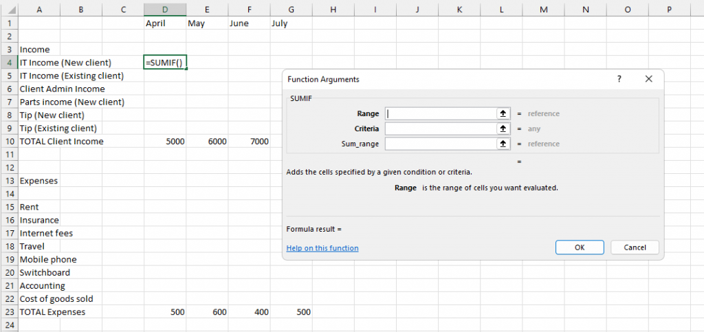 Cashflow spreadsheet with the highlight in cell for IT Income (New client) for April - ready to use the SUMIF feature to pull the figure from another cell (or even another file, and update if it changes!