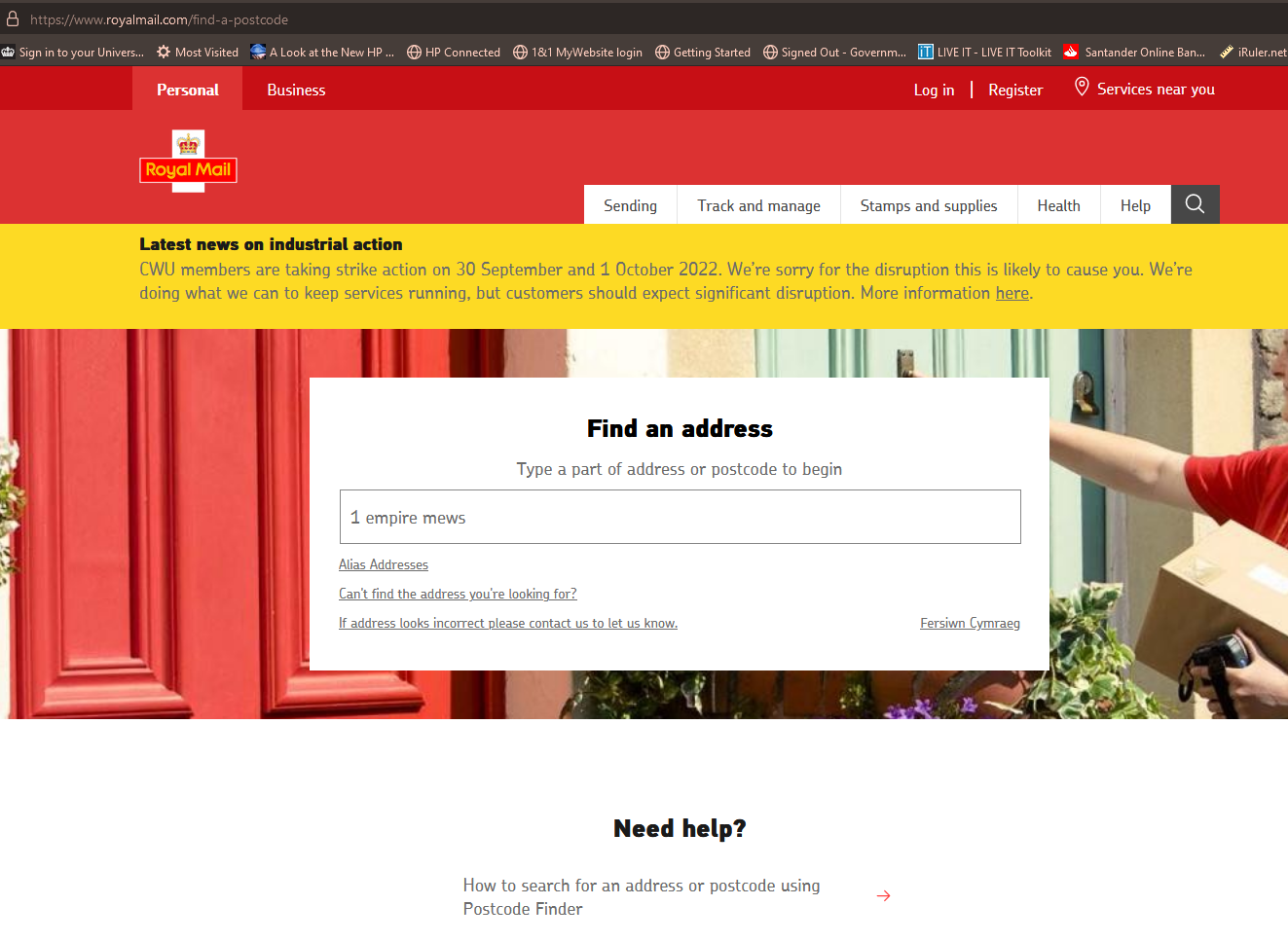 Picture of Royal Mail website for the Postcode finder service