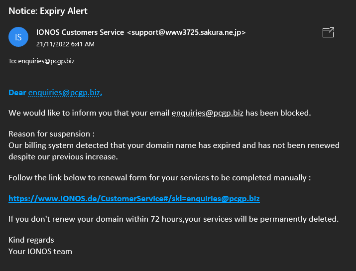 Screenshot of a bogus Notice Expiry Alert I recently received - claiming to be from Ionos (who provide my domain)