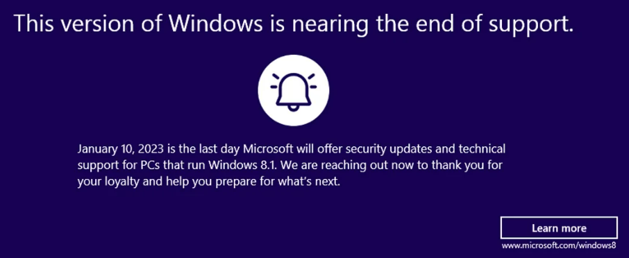 Alert screen from Windows 8