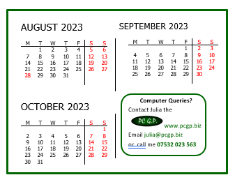 Calendar showing the dates in August, September and October 2023