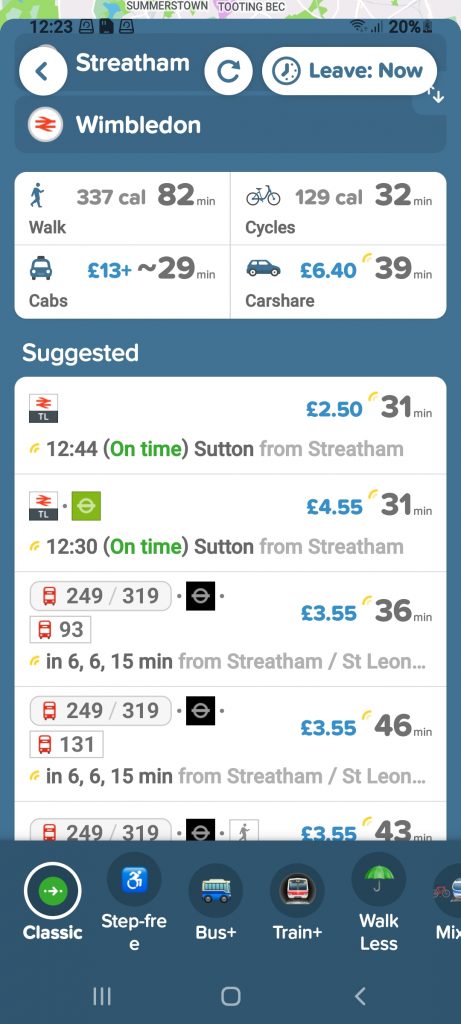 Screen showing the fastest routes which usually involve train, tram and tube and sometimes a bus element